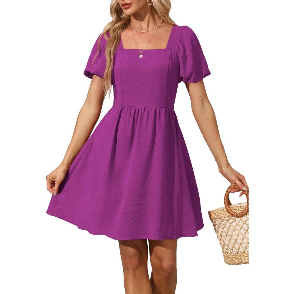 Ofeefan Women Maroon Puff Sleeve Square Neck Tie in Back Dresses with Zipper